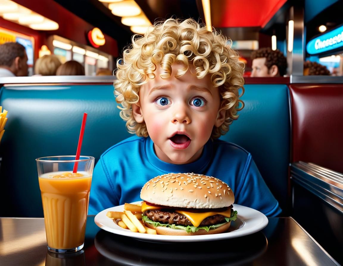 Boy's First Cheeseburger Love: Photorealistic Diner Scene