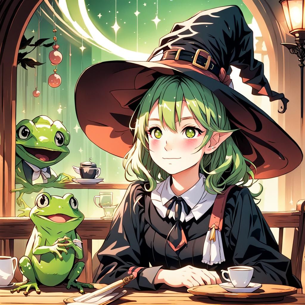 Whimsical Anime Woman Witch in Pastel Hues