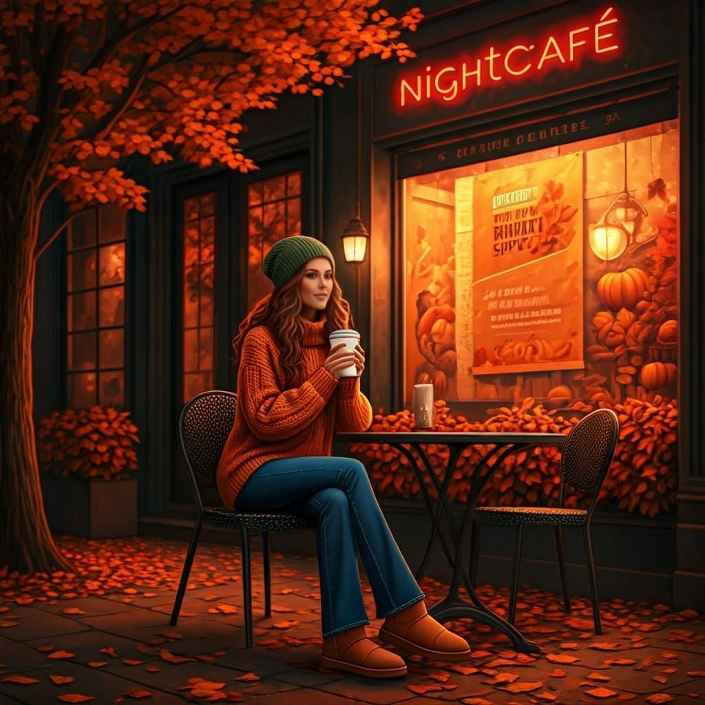 Autumn Cafe Scene: Woman in Knitted Sweater
