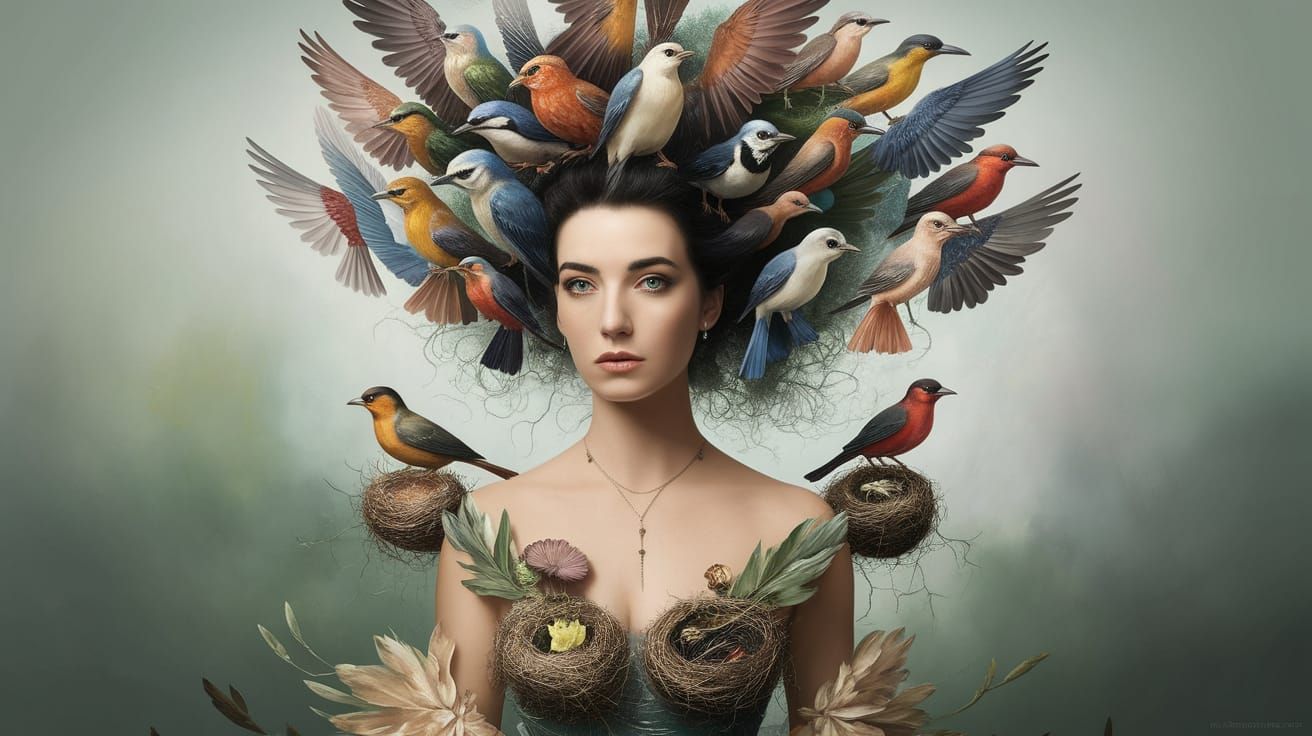Ethereal Woman Surrounded by Whirling Birds in a Fantastical...