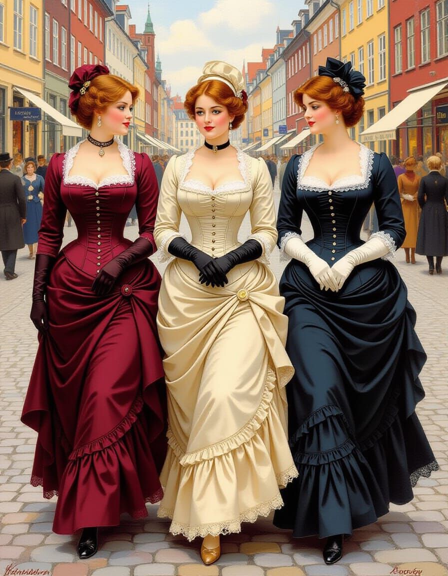 Victorian Danish Women Strolling in Copenhagen: Oil Painting