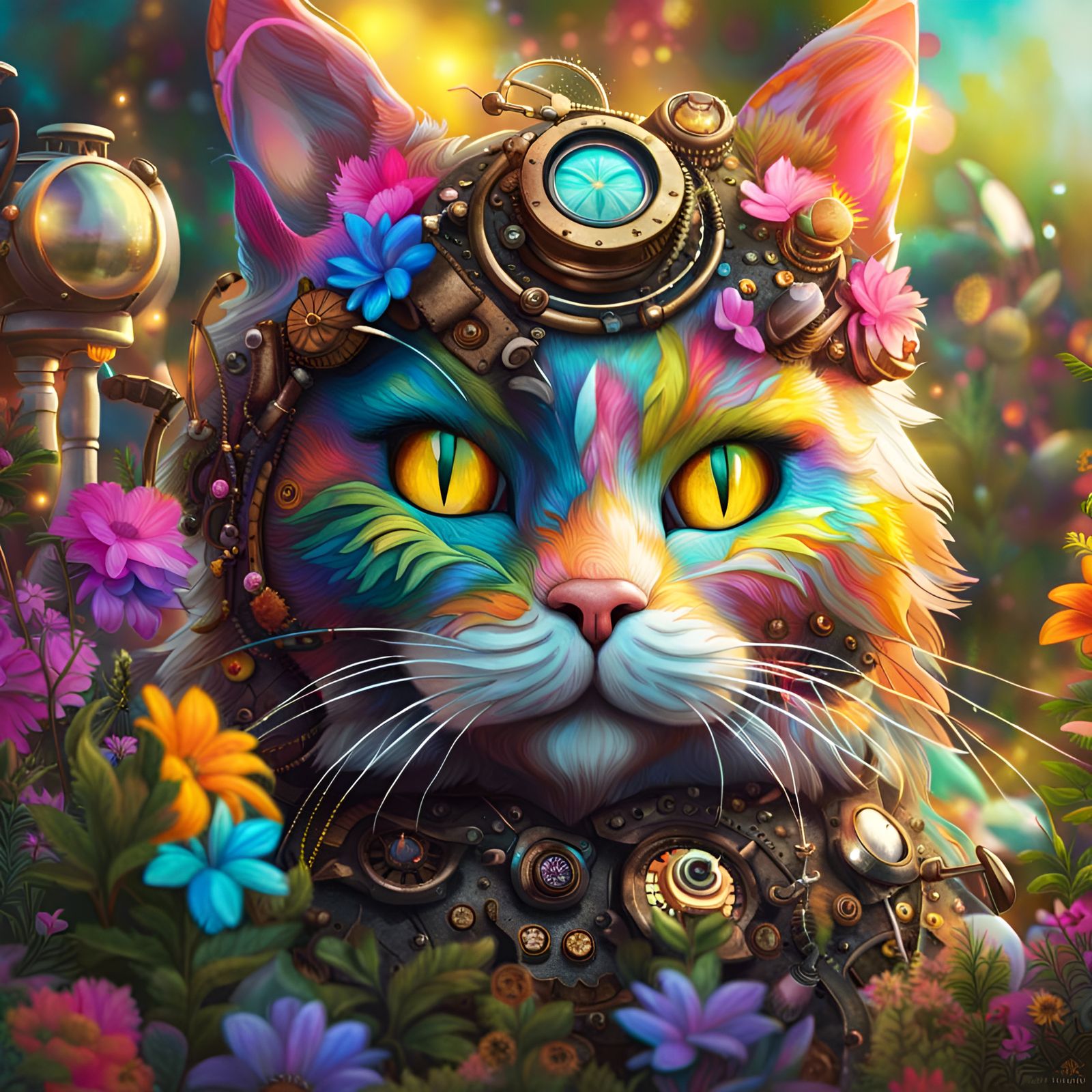Steampunk Fairycore Cat in Solarpunk Garden