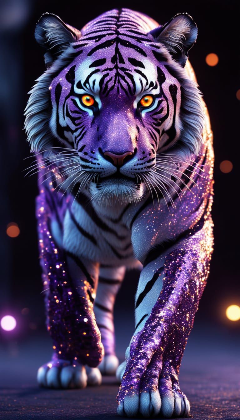 Surreal Bengal Tiger Sparkles with Vibrant Purple Glitter