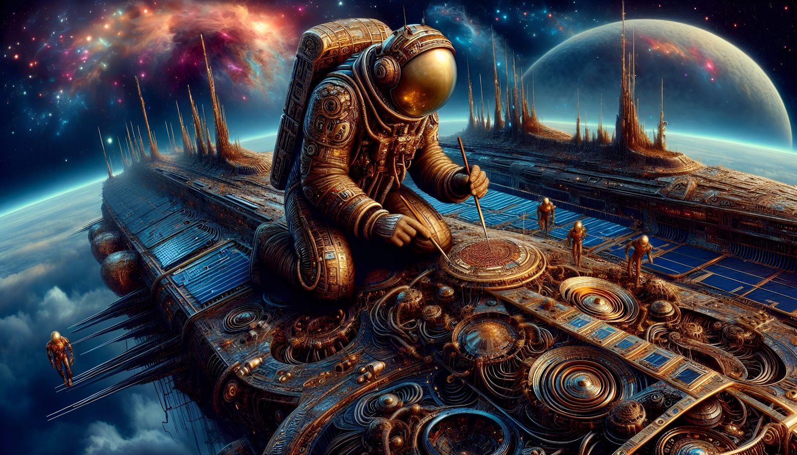 ‘An ancient astronaut in a ancient spacesuit of brass and copper, tends to a damaged solar panel on the external surface...