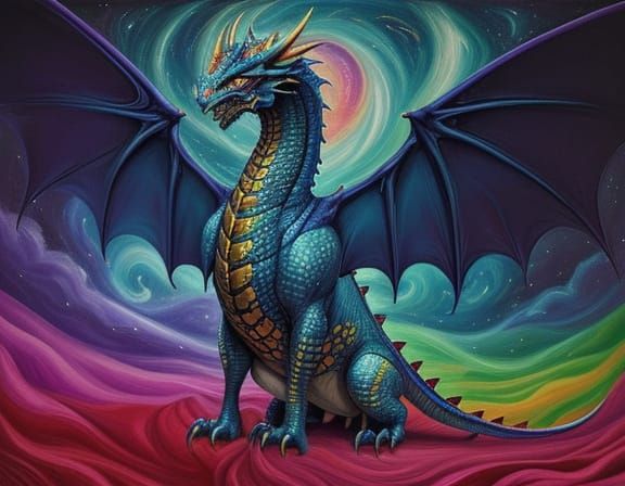 Creepy Cosmic Dragon in Surreal Oil Painting