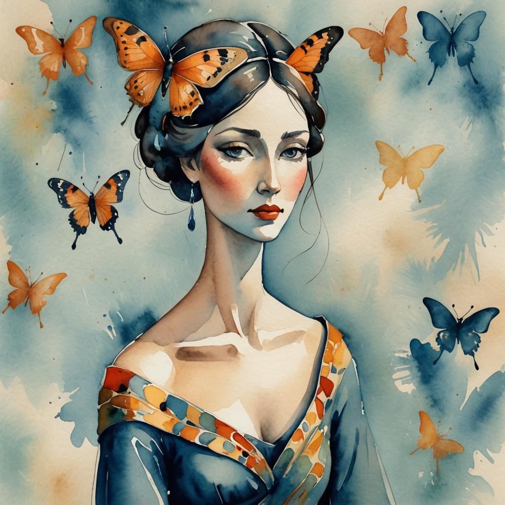 Butterfly Woman: Watercolor in Modigliani Style