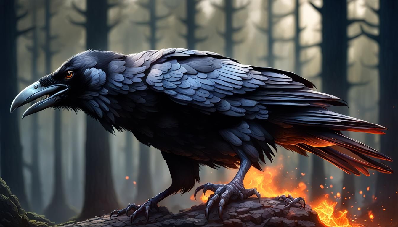 Hyperrealistic Raven Cawing in Forest Fire Apocalypse