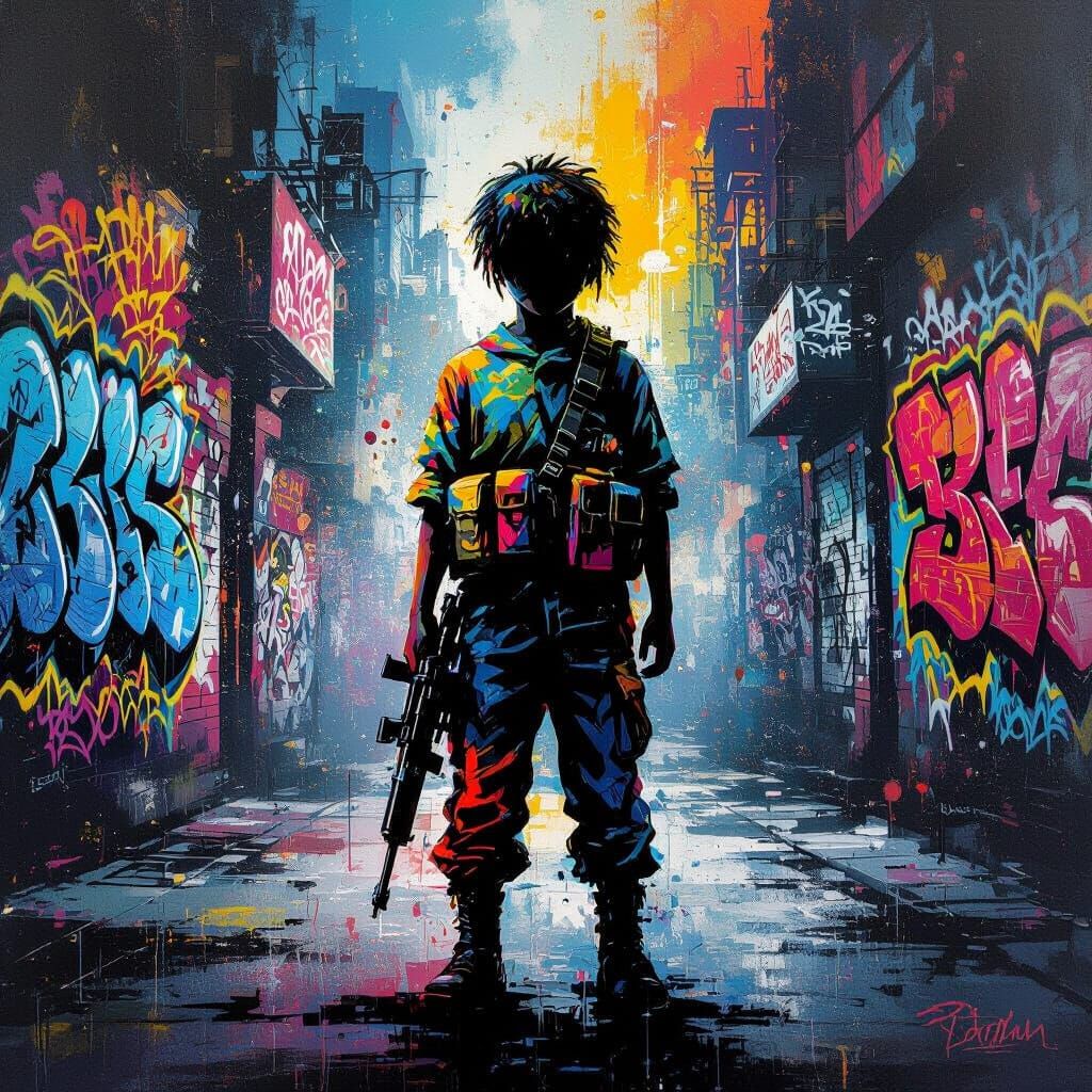 Child Soldier in Vibrant Graffiti Art Style