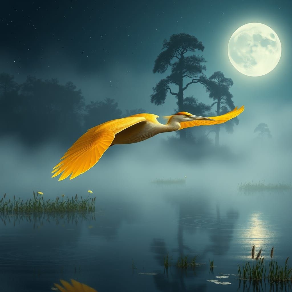 Golden Night Heron in Impressionist Marsh Landscape