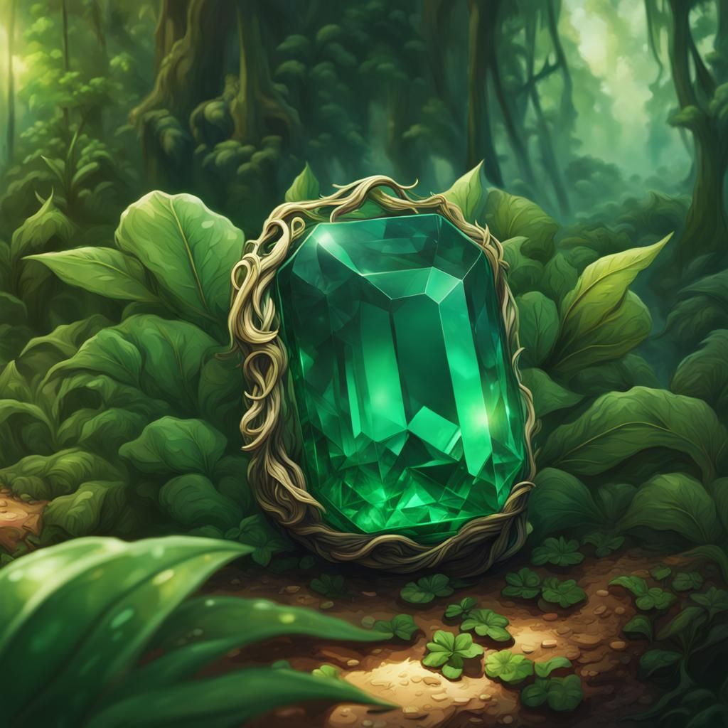 Emerald Gem in Jungle: Hyperrealistic Splash Art