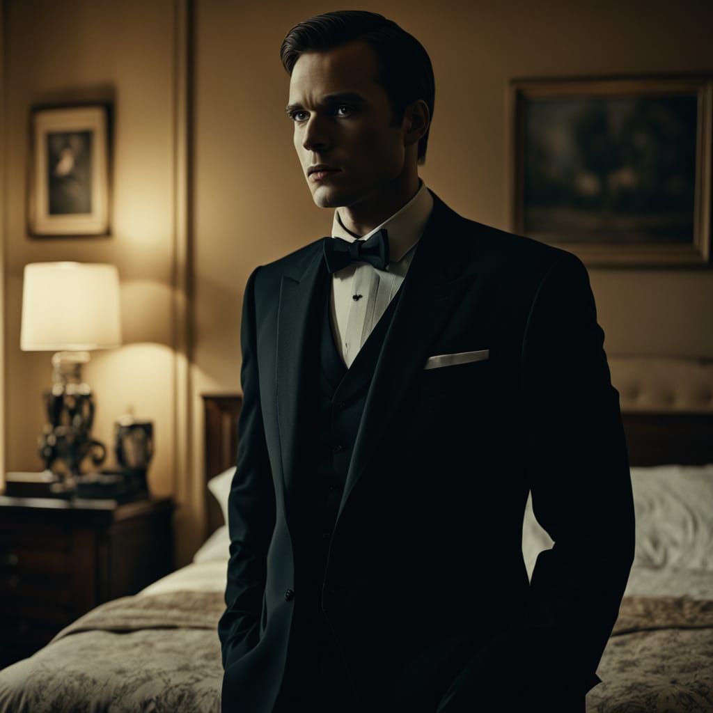 Moody Tuxedo Gentleman in Warmly Lit Bedroom