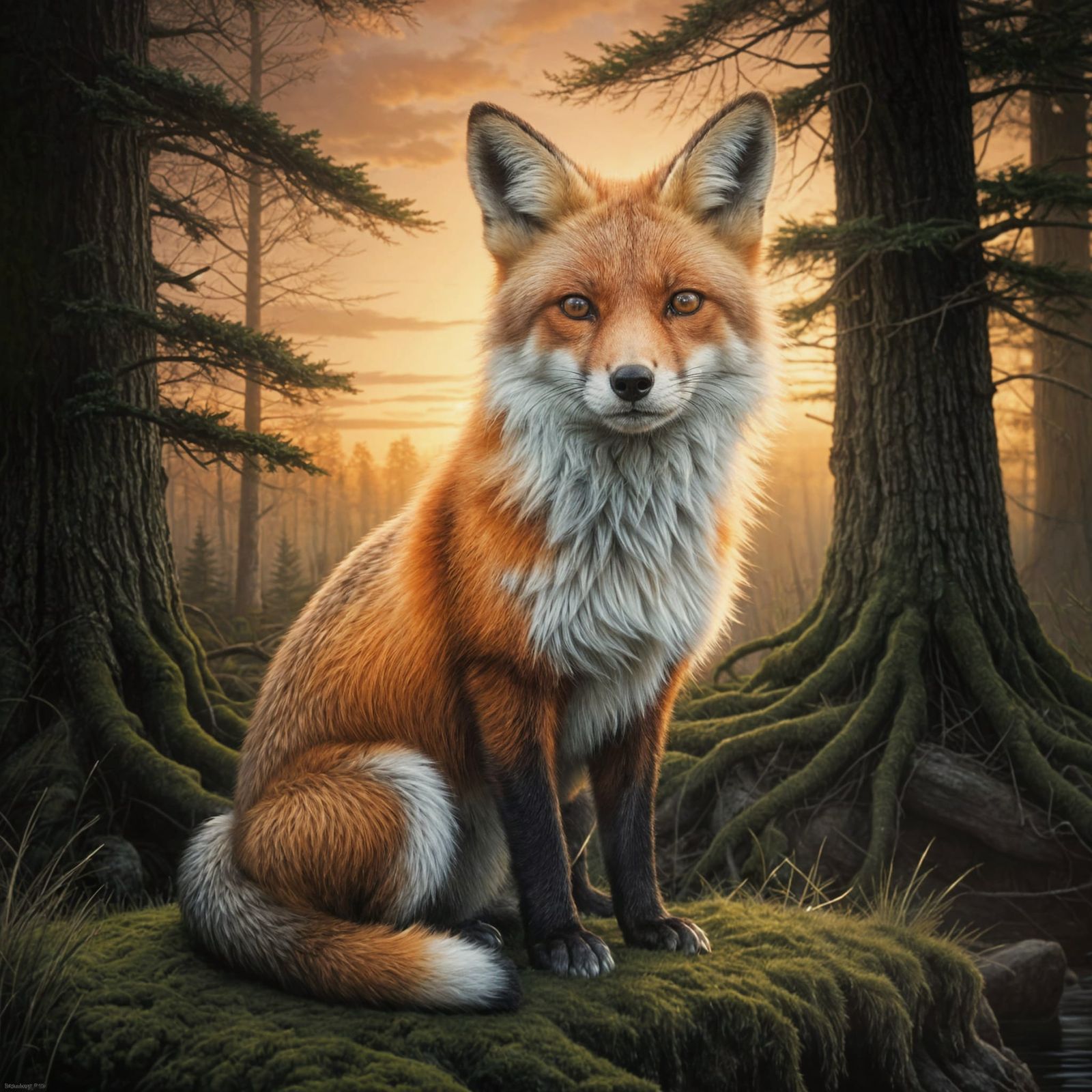 Photorealistic Red Fox Gazing into Primeval Forest Sunset