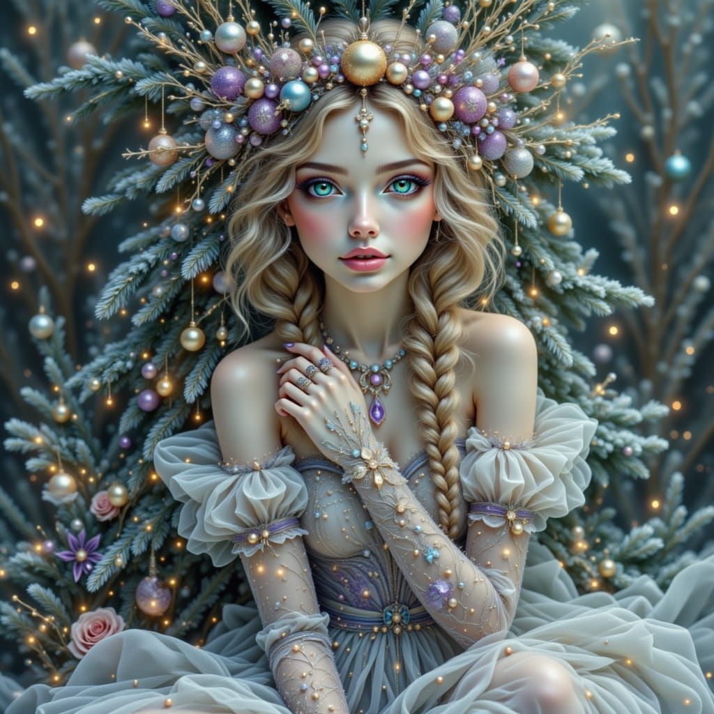 Whimsical Girl by Snowy Christmas Tree