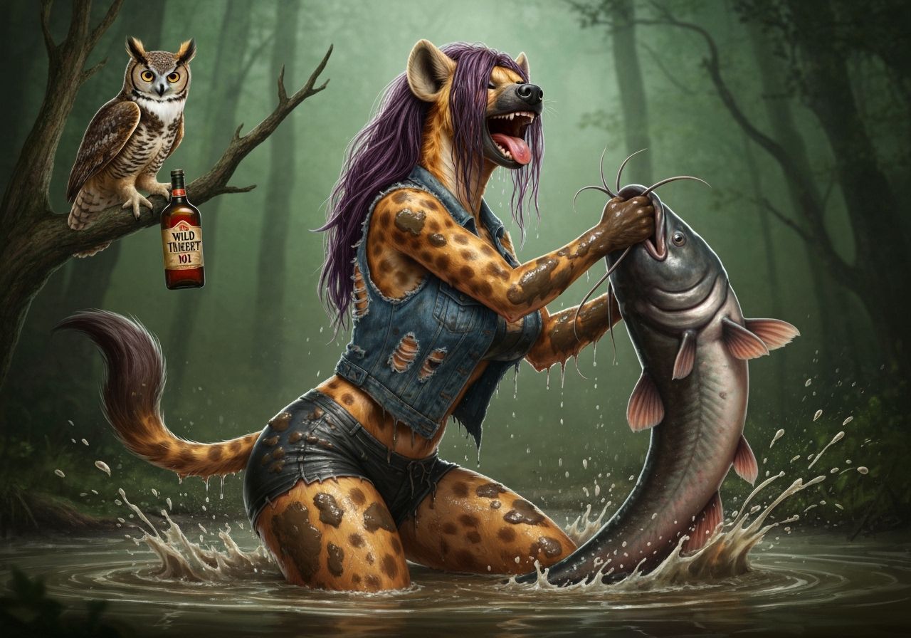 Anthropomorphic Hyena Wrestles Giant Catfish in Muddy Pond