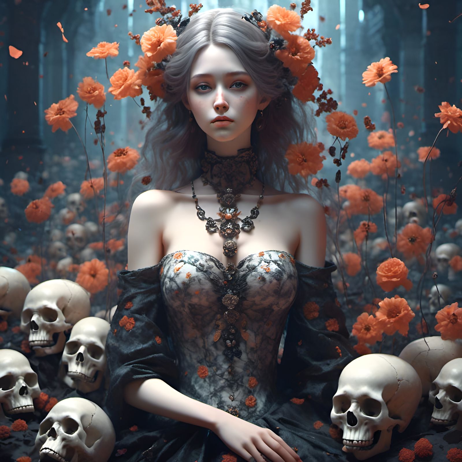 Cute Girl Portrait with Flowers and Skulls