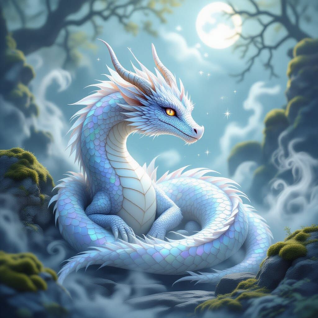 Gentle Dragon in Mystical Mist with Silver Sparkles