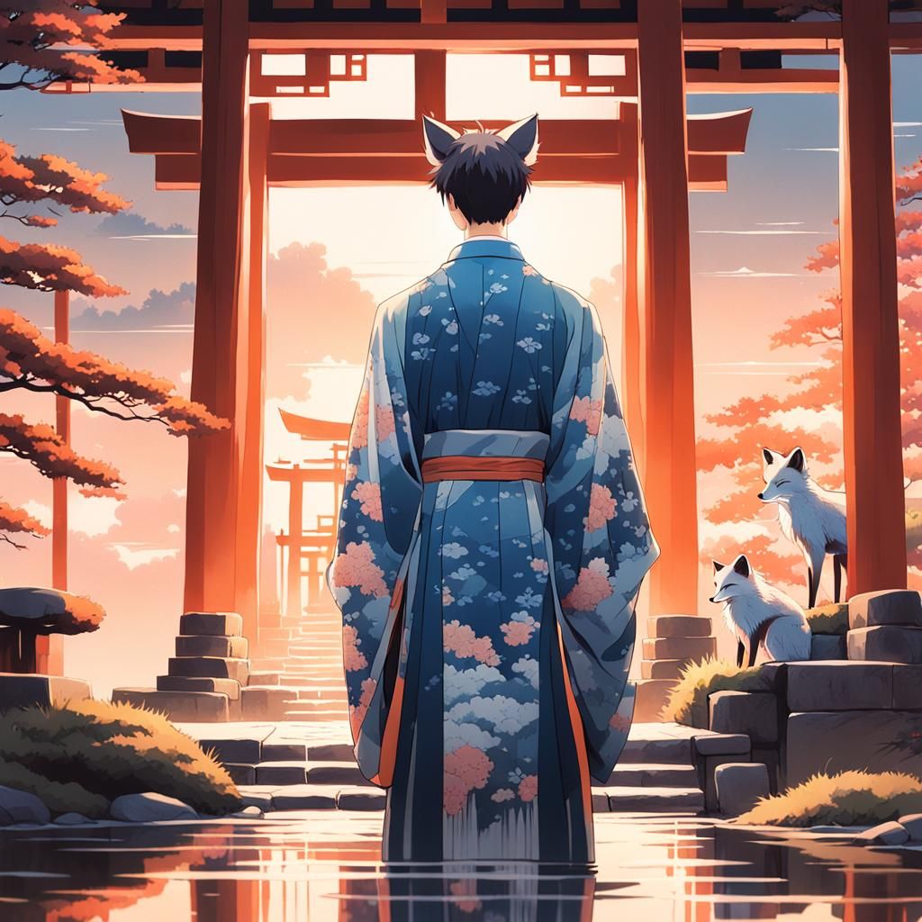 Young Man with Fox Ears at Shrine in Anime Style