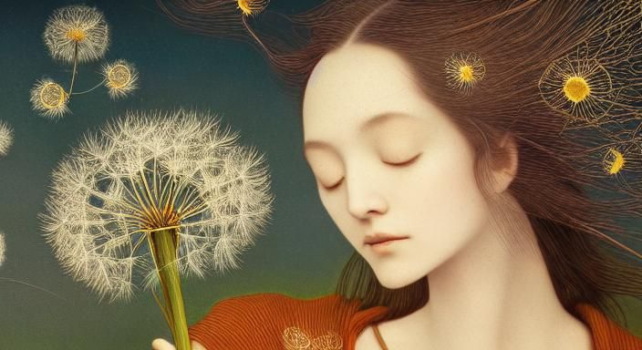 Woman and Dandelion in Windy Fairytale Scene