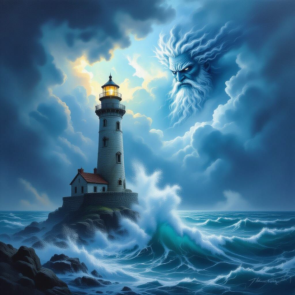 Mythological Lighthouse and Greek God in Stormy Seas