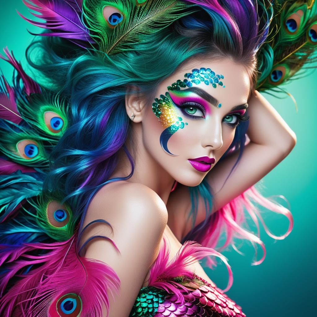 Colorful Woman with Peacock Feathers, Comic Book Art