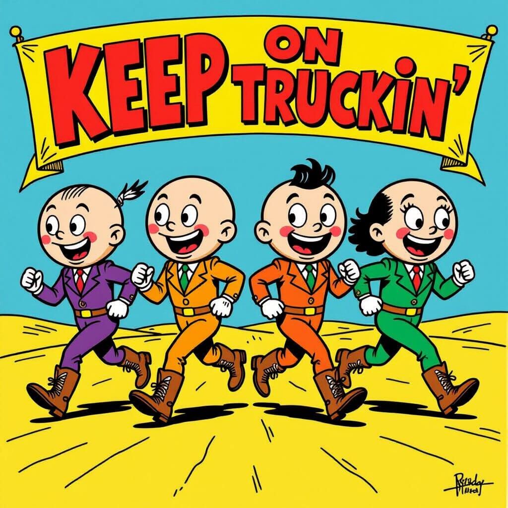 Cartoon Figures Run Across Sandy Plain in Comic Style