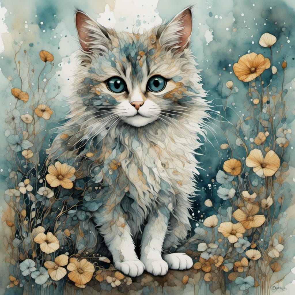 Cute Cat Watercolor with Detailed Ink Drawing
