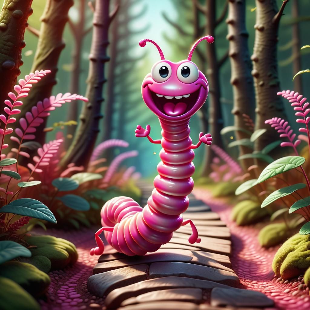 Hyperrealistic Pink Worm Dancing in Sunny Forest