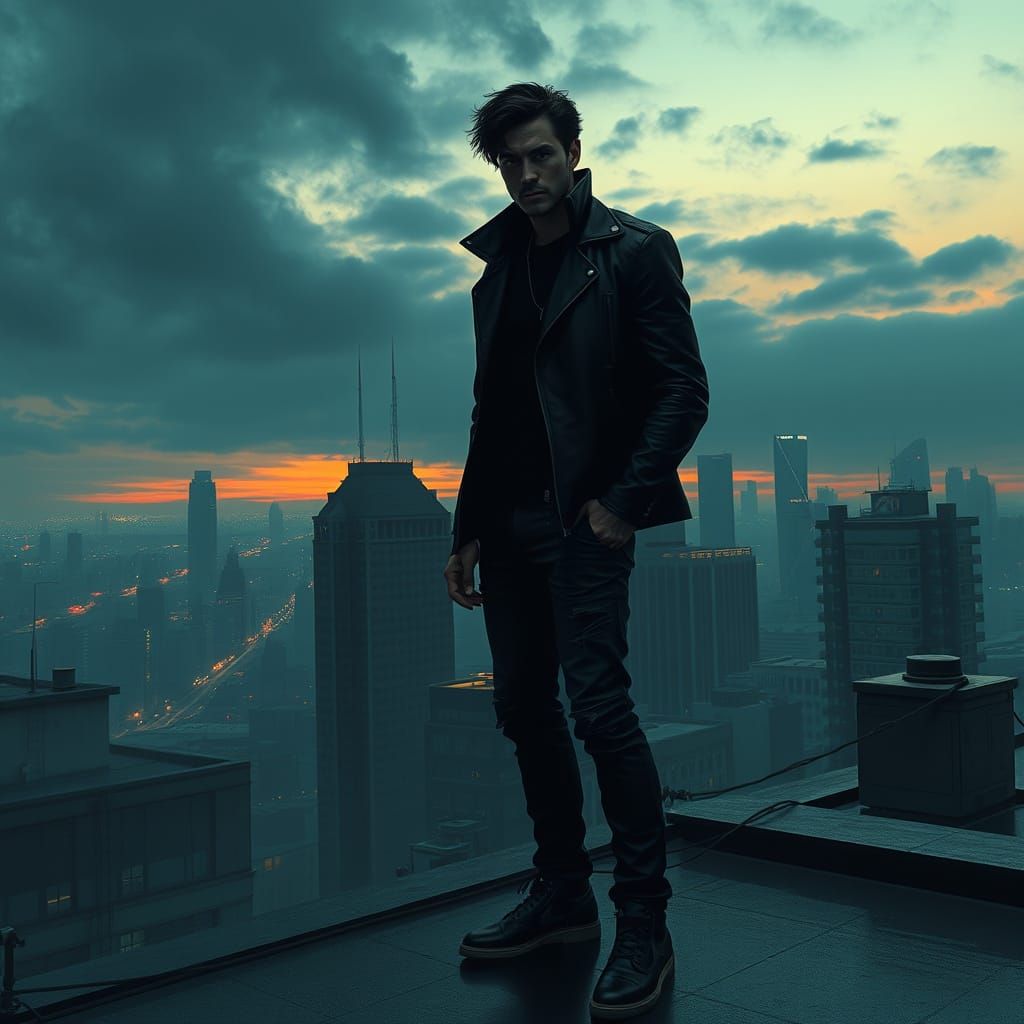 Futuristic Cityscape with Figure in Cinematic Style