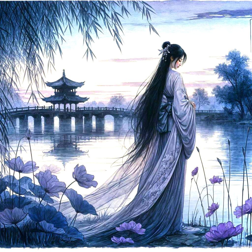 Sorrowful Woman by Pond in Sumi-e Style