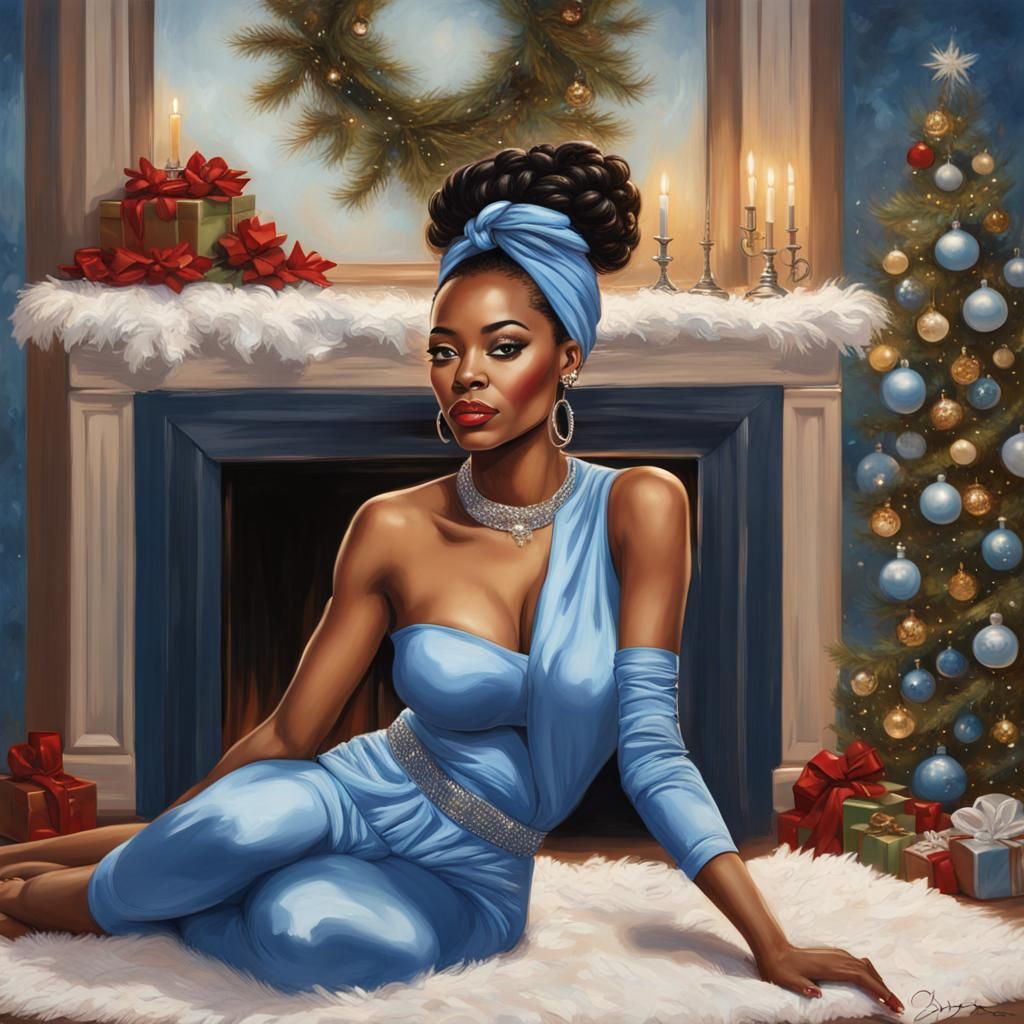 Glamorous Woman Lounging in Festive Christmas Decor