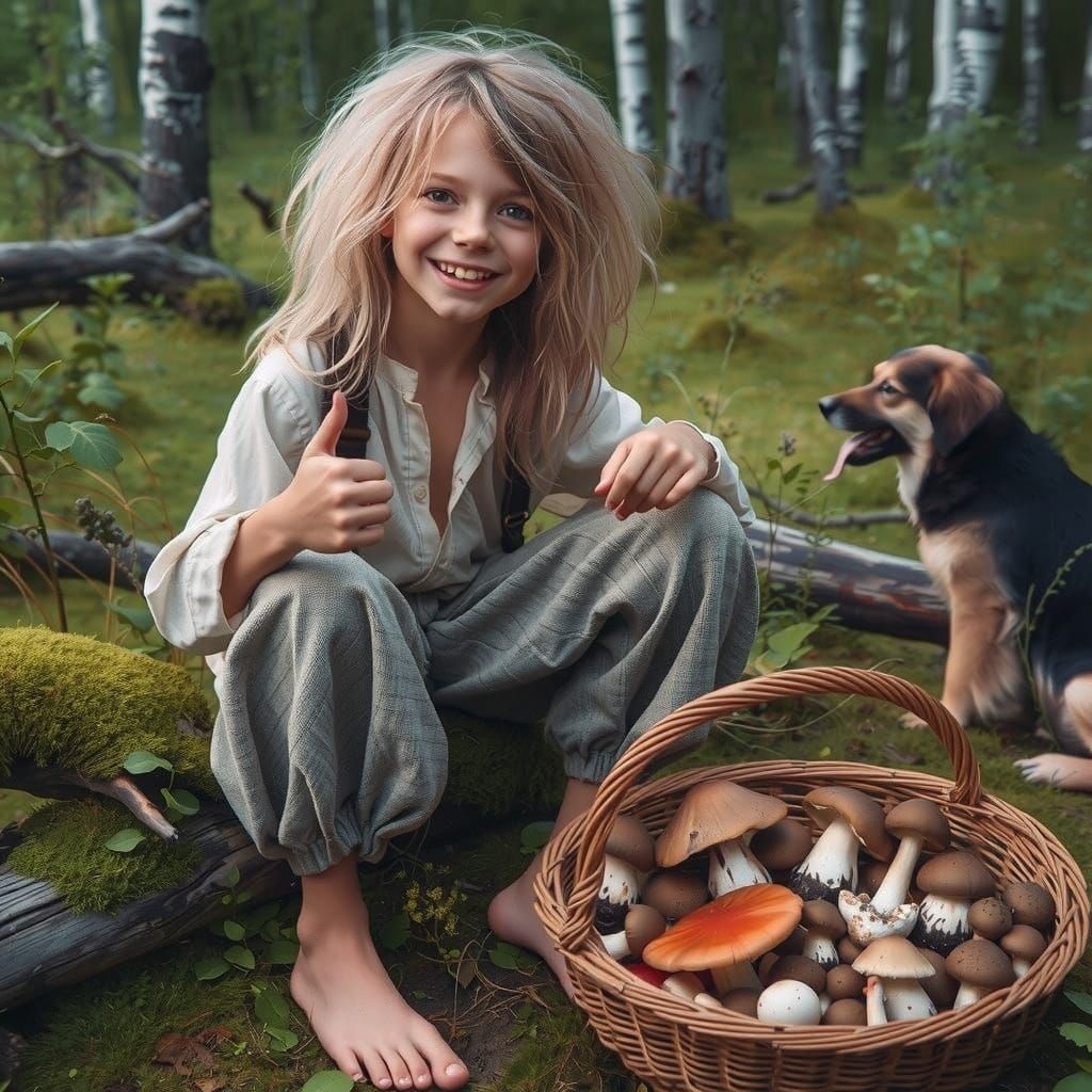 Whimsical Forest Wanderer Amidst Vibrant Fungi