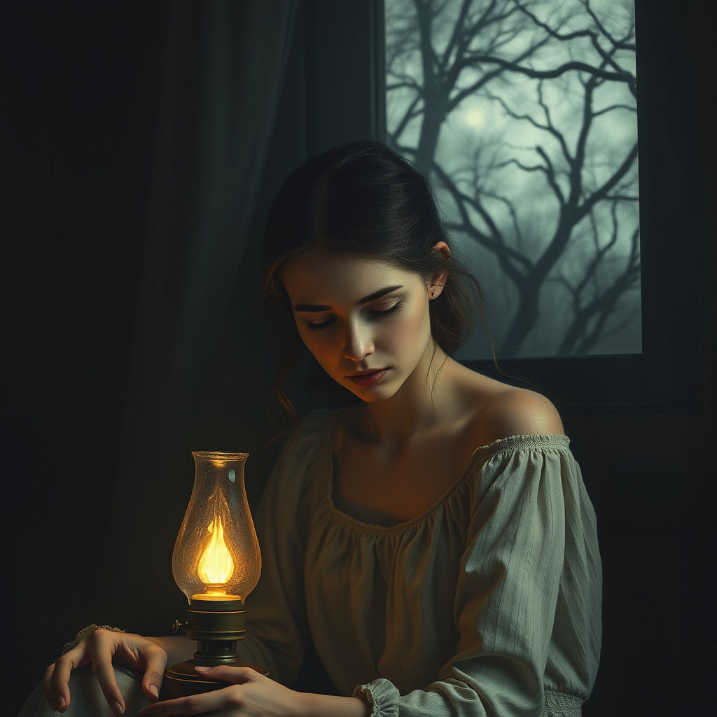 Melancholic Woman in Lamplight, Inspired by Expressionism