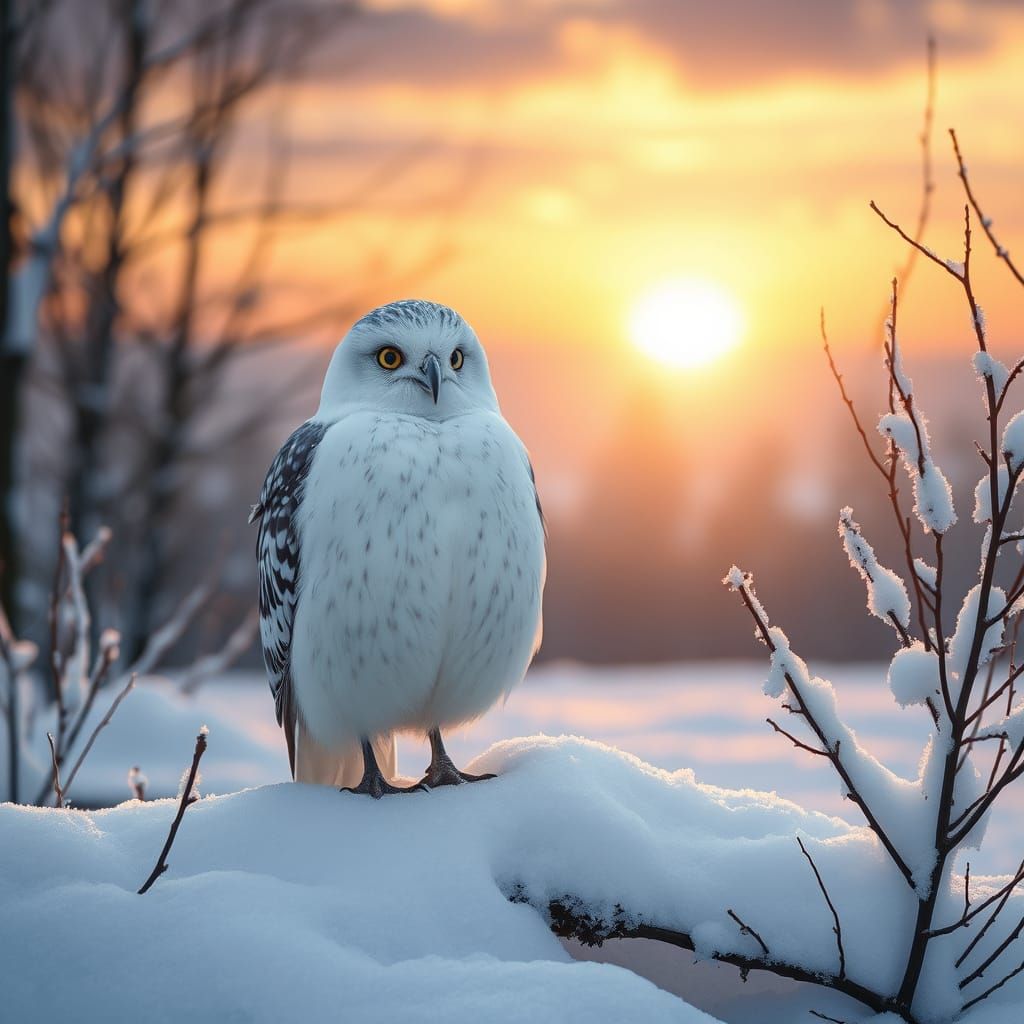 Surreal Owl Gazing Intensely in Realistic Sunrise Setting