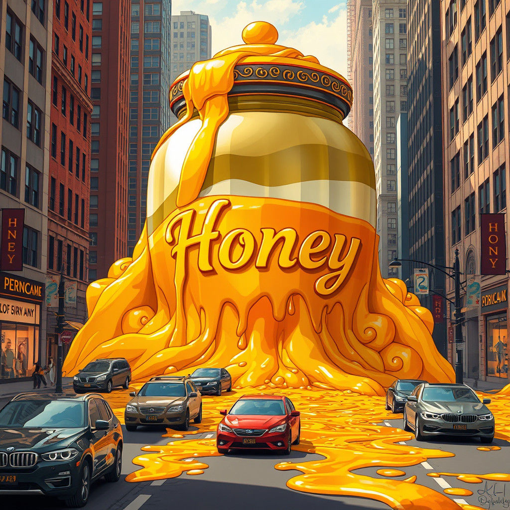 Honey Jar Deluge in Cityscape, Whimsical Art