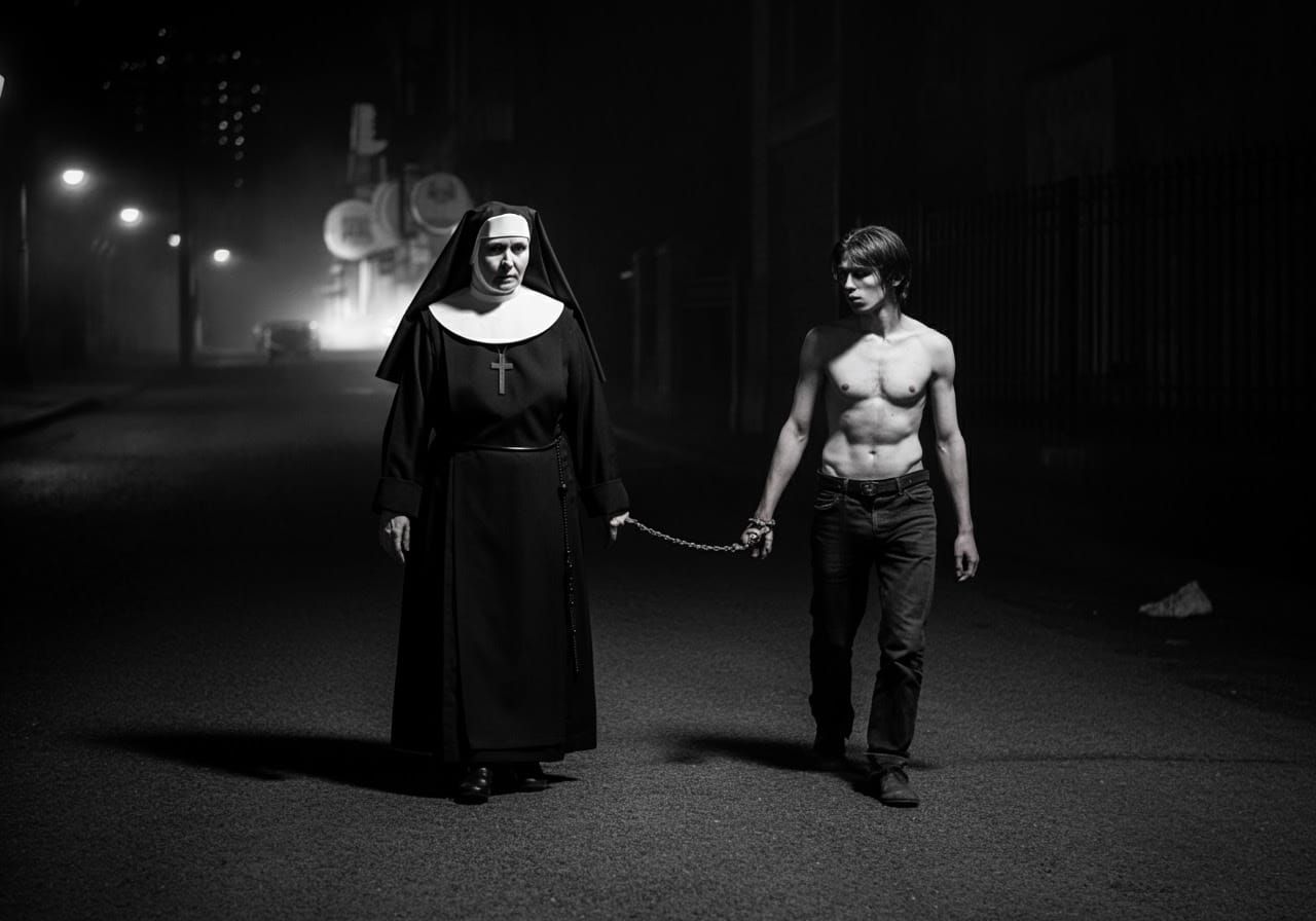 Mysterious Nun and Young Man in Film Noir Atmosphere