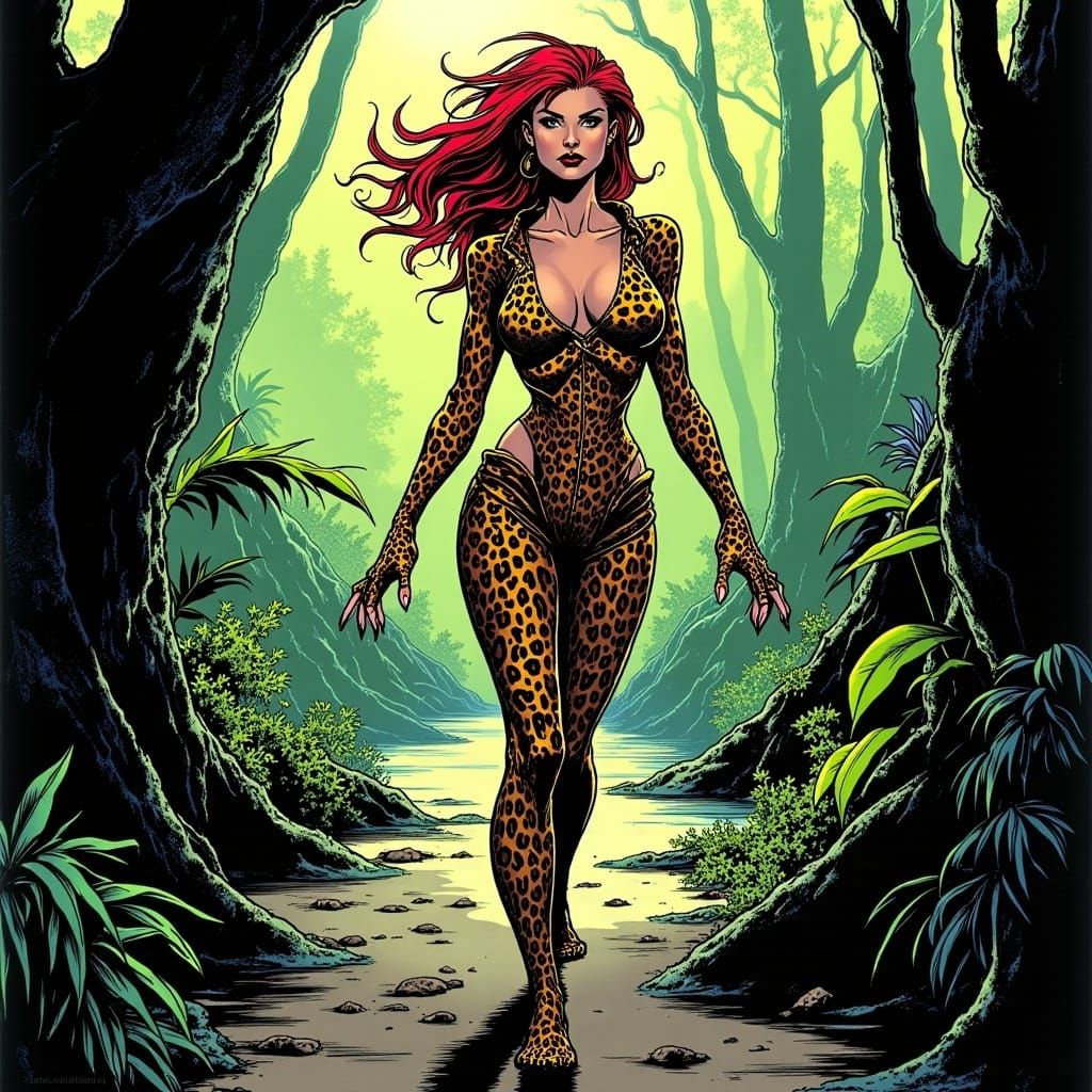Leopard Woman in Jungle, Comic Book Art