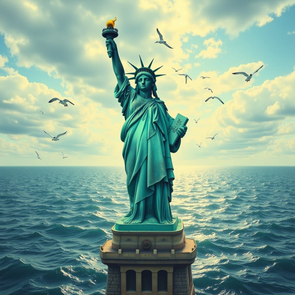 Statue of Liberty in Atlantic Ocean with Seagulls