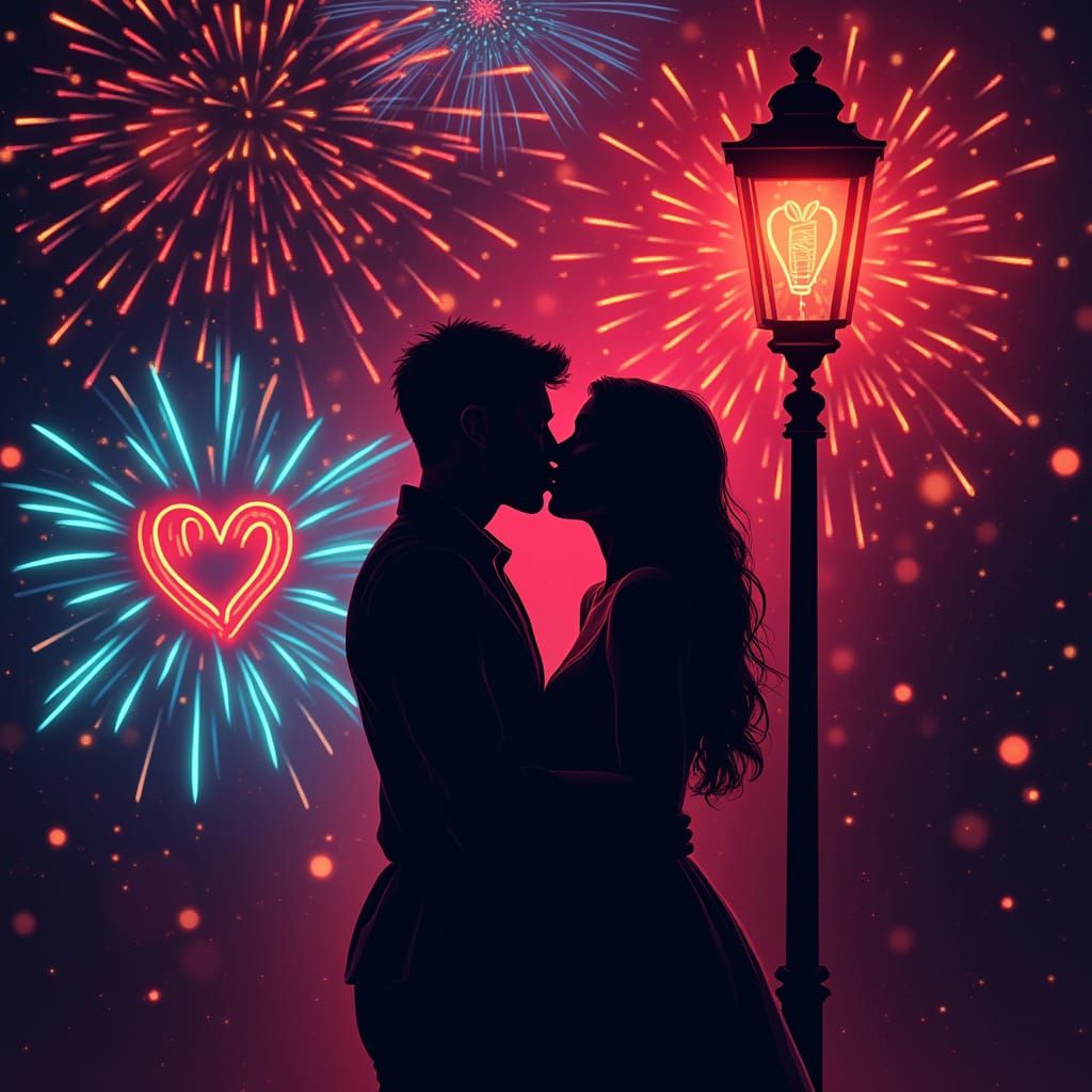 Couple Kissing Under Fireworks in Cyberpunk Art Style
