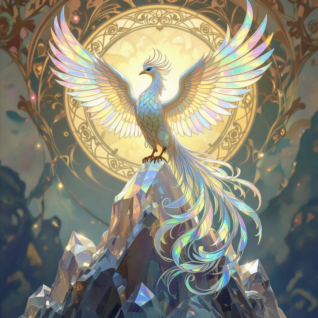Opalescent Glass Phoenix on Crystal Mountain in Art Nouveau ...