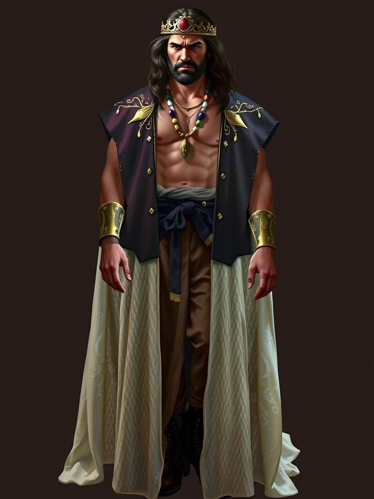 Solemn Fantasy King with Gold Crown and Black Beard