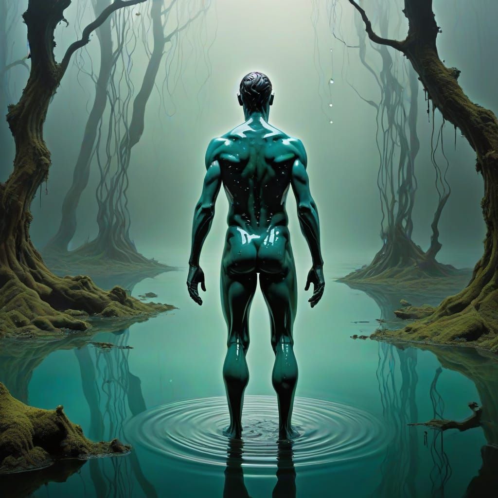 Ethereal Water Humanoid in a Misty Forest