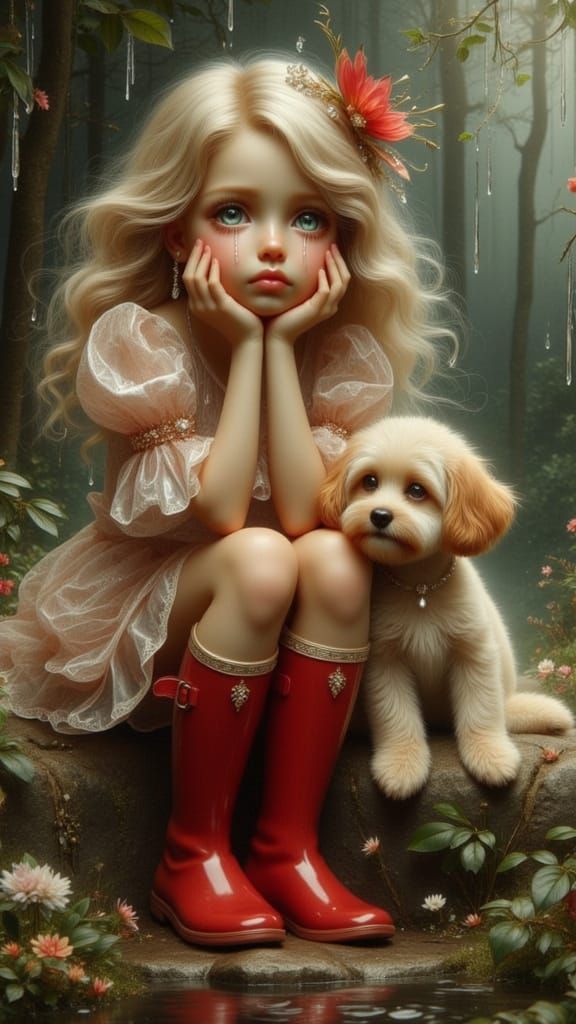 Golden-Haired Girl Cries Beside Her Dog, Painterly Style