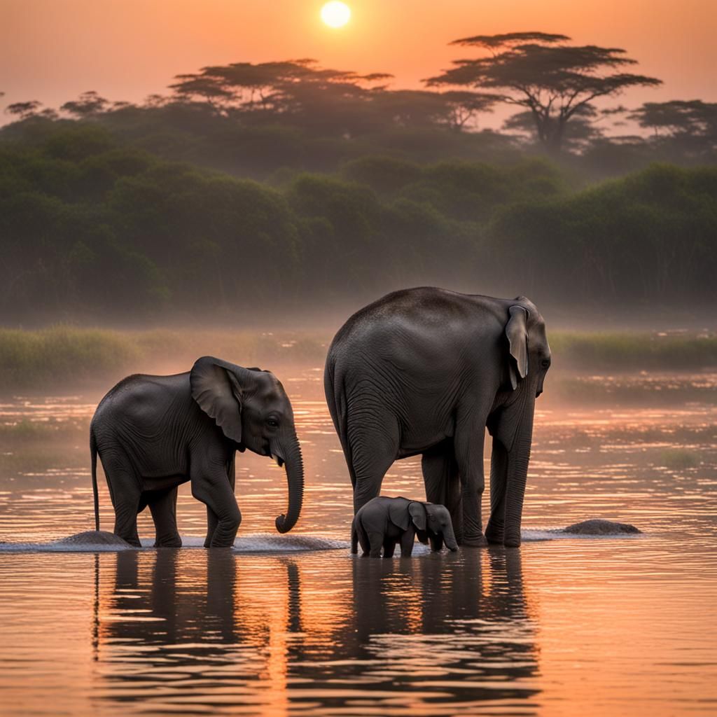 Baby Elephants Play in Lake at Dawn