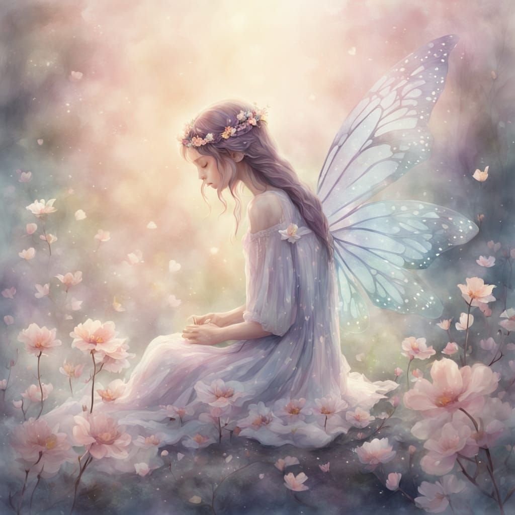 Broken-Winged Fairy in Dreamy Watercolor Style