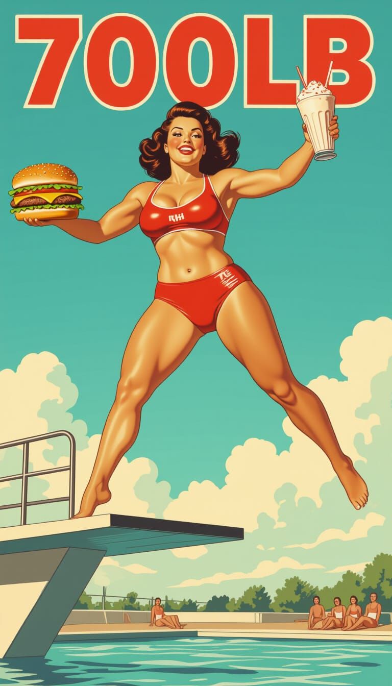 Retro Pinup: Olympic Diver with Cheeseburger and Milkshake