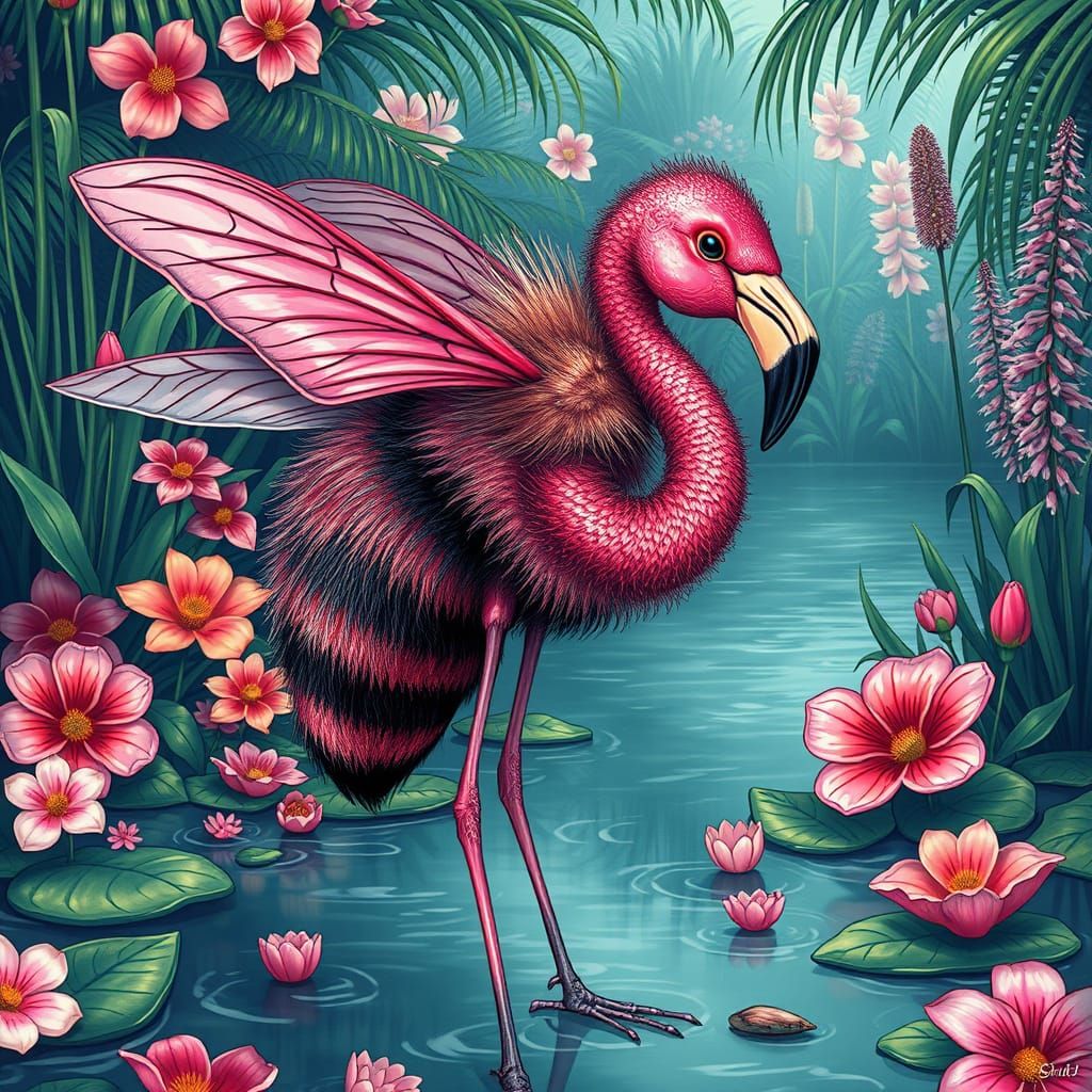 Surreal Bee-Flamingo Hybrid in Tropical Paradise