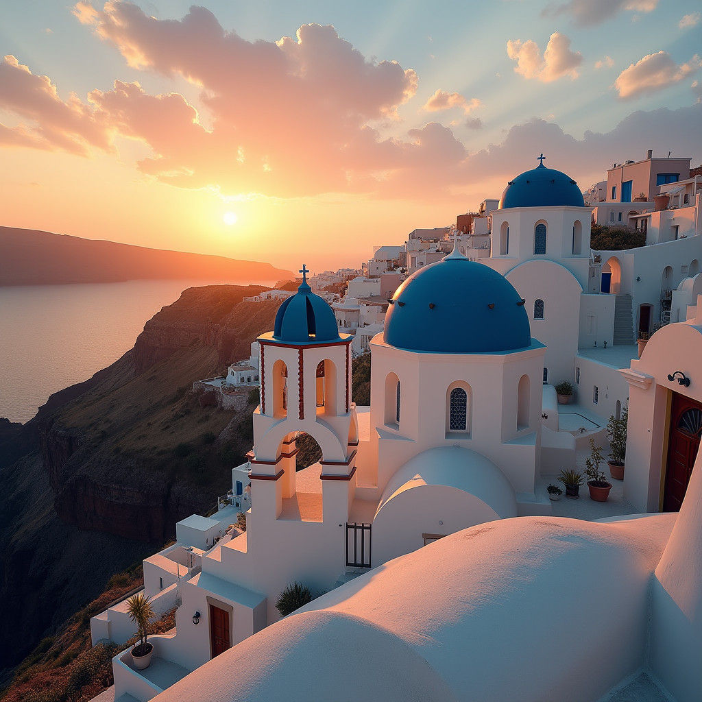 Santorini Sunset in Photorealistic Style