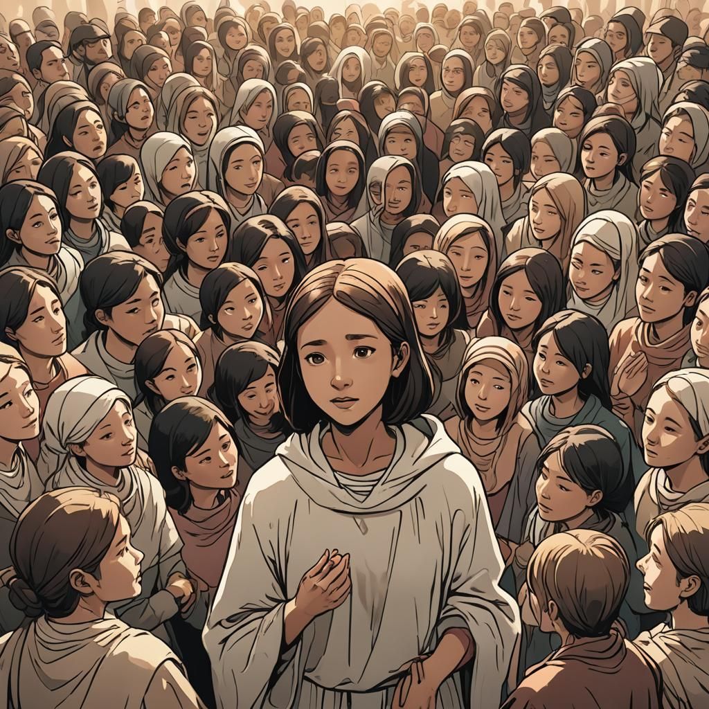 Cel-Shaded Girl Surrounded by Worshippers