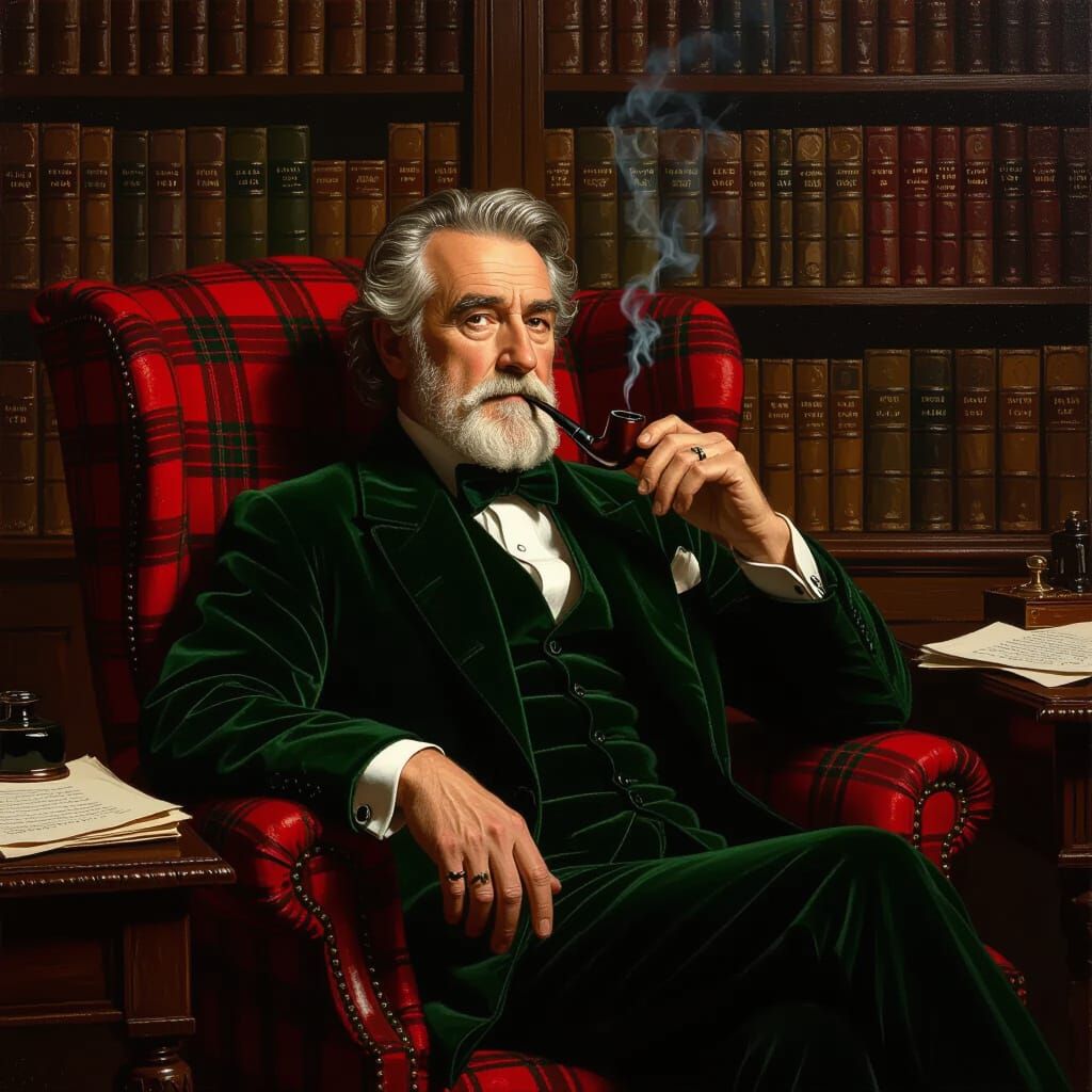 Gentleman in Green Velvet Jacket in Tartan Chair