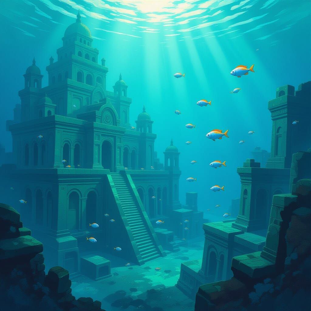 Submerged Ancient City Explored by Fish in Gouache Style